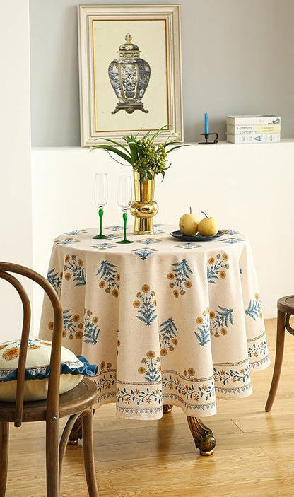 ISAENNE Designer French Pale Yellow Small Round Tablecloth,Linen Floral Table Cloth,Wrinkle Resistant Decor Tablecloths for Dining Thanksgiving Banquet Kitchen Party,Diameter 55"-Estevan A