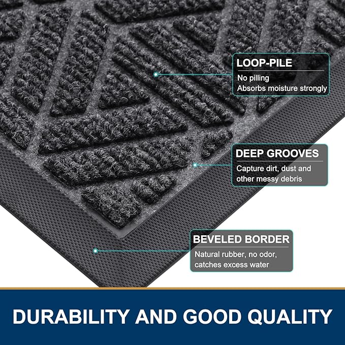 Smiry Front Door Mat Outside Entrance, Heavy Duty Sturdy Natural Rubber Doormat, Trap Dirt and Moisture, Easy Clean Low Profile Mats for Indoor Outdoor Entry, Grid Geometric (47x24, Grey)