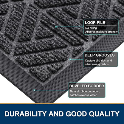 Smiry Front Door Mat Outside Entrance, Heavy Duty Sturdy Natural Rubber Doormat, Trap Dirt and Moisture, Easy Clean Low Profile Mats for Indoor Outdoor Entry, Grid Geometric (59x35, Grey)