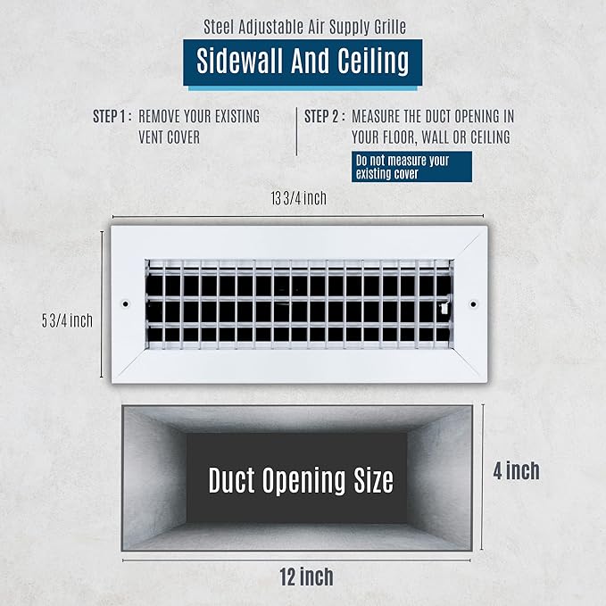 Fits 12x4 Duct Opening Steel Adjustable Air Supply Grille by Handua | Register Vent Cover Grill for Sidewall and Ceiling | White | Outer Dimensions: 13.75" X 5.75"