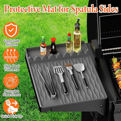 2-Pack Silicone Griddle Mat for Blackstone – Heat-Resistant Utensil Holder with Drip Tray, Non-Slip BBQ Tool Organizer for Grill, Kitchen Countertop & Outdoor Cooking Accessories（Grey&Orange）