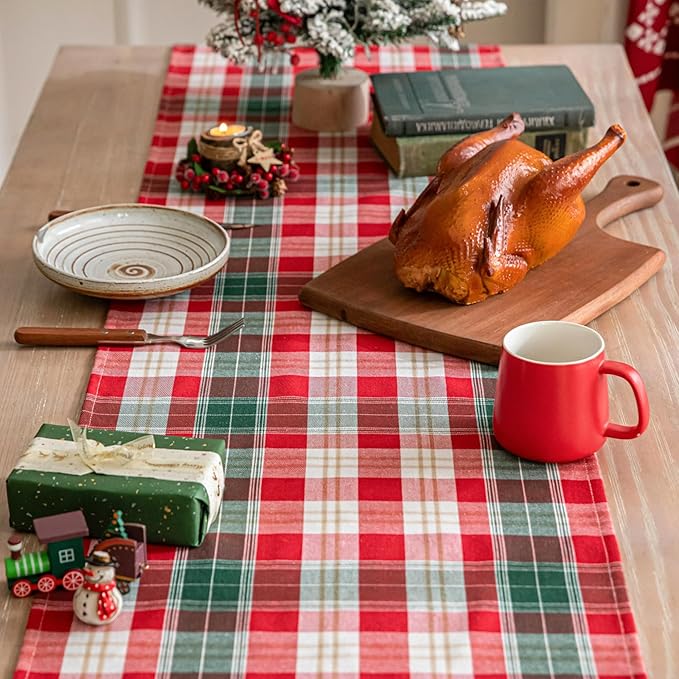 Red Gold Plaid Christmas Table Runner, Winter Holiday Table Runners 90 inches Long, Xmas Decorations Indoor Outdoor Farmhouse Home Kitchen Dining Party Decor