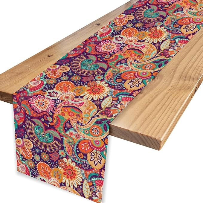 Purple Paisley Table Runner, Rustic Damask Antique Floral Flower Retro Boho Mandala Indian Bohemian Vintage Table Center Decor for Family Kitchen and Living Room Country Table Decorations, 13" X 72"