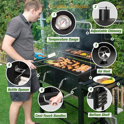 Captiva Designs Extra Large Charcoal BBQ Grill with Oversize Cooking Area(794 SQIN), Outdoor Cooking Grill with 2 Individual Lifting Charcoal Trays and 2 Foldable Side Tables