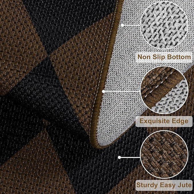 Easy Jute Checkered Entryway Rug, 2x3 Coffee Modern Indoor Outdoor Doormat, Washable Non-Slip Neutral Small Kitchen Rug Farmhouse Diamond Throw Rugs for Entrance Bedroom Bathroom