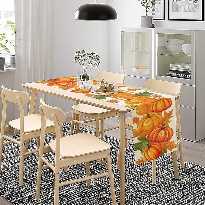 Fall Pumpkin Table Runner, Autumn Orange Maple Leaves Print Table Runner for Thanksgiving Harvest Holiday Indoor Outdoor Table Decoration, 13x70inch