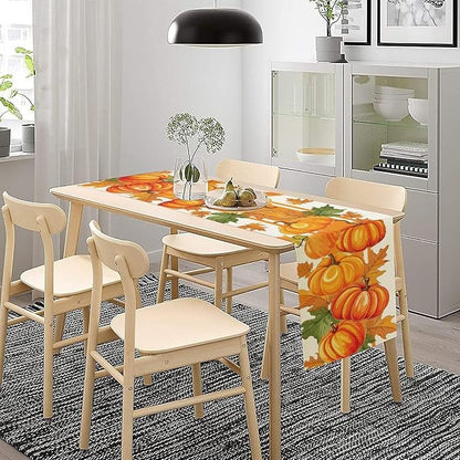 Fall Pumpkin Table Runner, Autumn Orange Maple Leaves Print Table Runner for Thanksgiving Harvest Holiday Indoor Outdoor Table Decoration, 13x70inch