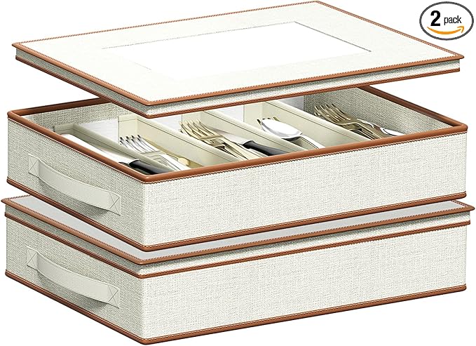 Aokeyee 2 Pack Silverware Storage Box, Sturdy Flatware & Utensil Storage Case with Adjustable Dividers, 5 Compartment Silverware Organizer with Lid and Handle for Utensil, Flatware, Knives, Ivory