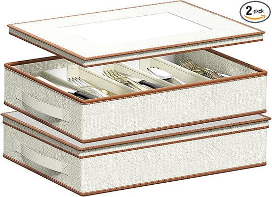 Aokeyee 2 Pack Silverware Storage Box, Sturdy Flatware & Utensil Storage Case with Adjustable Dividers, 5 Compartment Silverware Organizer with Lid and Handle for Utensil, Flatware, Knives, Ivory