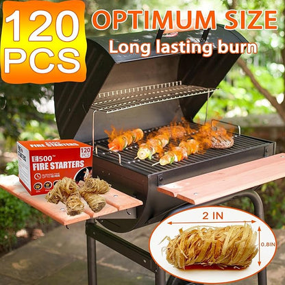 E500 Fire Starter - 120 PCS Natural Pine Fire Starters for Fireplace, Campfires, Fire Pit, BBQ, Pellet Stove, Wood, Pizza Oven - Chimney Charcoal Starter for Grill