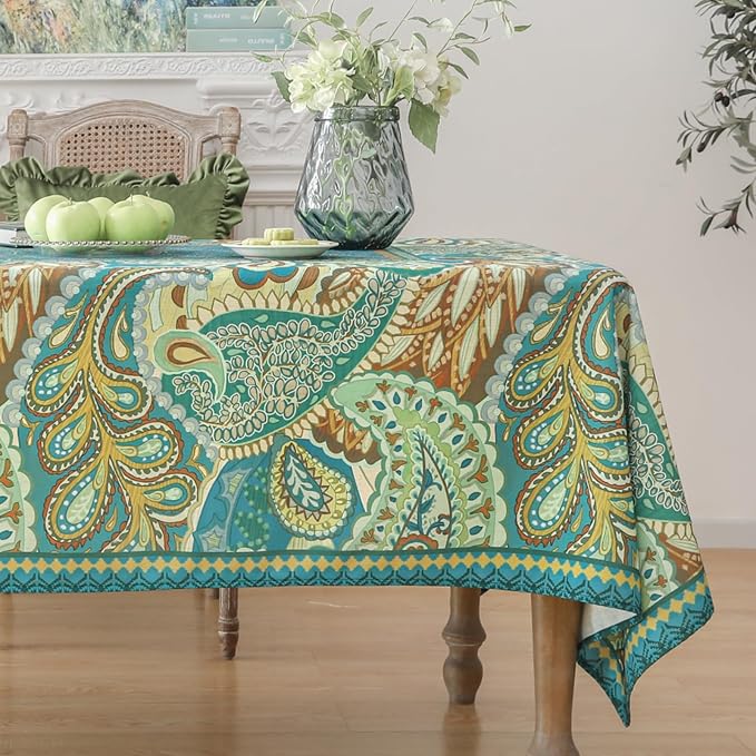 Linen Square Green Tablecloth,Wrinkle Resistant French Vintage Tablecloth Print with Foral,Decor Table Cloth for Thanksgiving,Dining Room,Home,Kitchen 55" × 55"-Milen