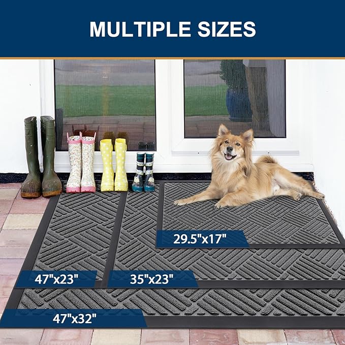 Smiry Front Door Mat Outside Entrance, Heavy Duty Outdoor Indoor Natural Rubber Doormat, Non Slip, Trap Dirt and Moisture, Easy Clean, Low Profile Patio Porch Entryway Mat, 71x23, Grey