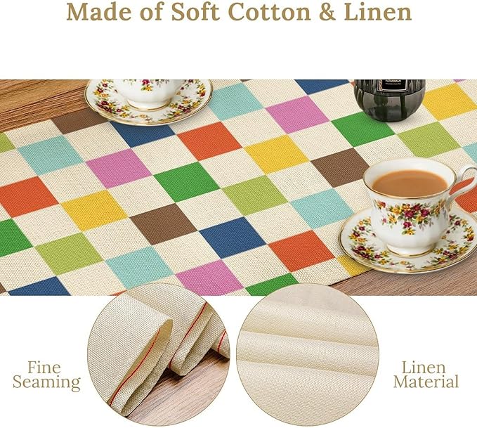 Colorful Checkered Table Runner, Vintage 60s 70s Cute Modern Geometric Table Runner for Party Kitchen Dining Home Outdoor Banquet 13x60in