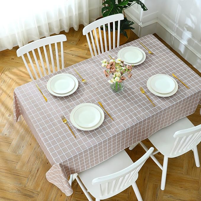 Romanstile Rectangle Vinyl Tablecloth, 100% Waterproof Oil-Proof Checkered Plastic Table Cloth, Heavy Duty Wipeable Table Covers for Dining, Camping, Picnic, Outdoor - 52 x 70 Inch, Sand