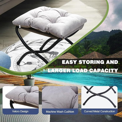 15" Foldable Foot Stool Ottoman with Metal Frame - Washable Light Grey Upholstered Indoor/Outdoor Footrest for Living Room, Bedroom, Patio - Space-Saving Compact Design