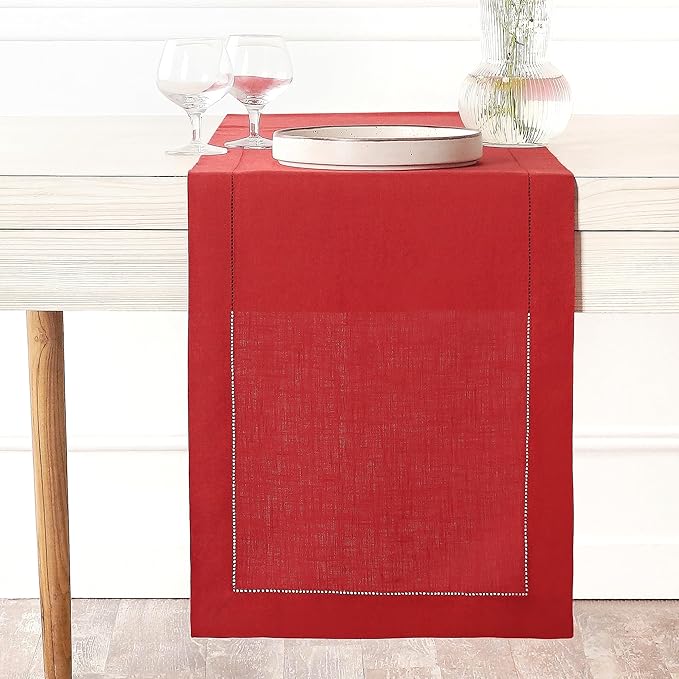 D'Moksha Homes Linen Bright Red Table Runner 90 Inches Long - Classic Hemstitch 100% Pure Linen Dining Table Runner 14 x 90 Inch for Valentines, Spring, Easter