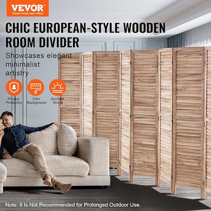 VEVOR Wood Room Divider, 8 Panel Wood Folding Privacy Screen, 66.9 Inches Tall Indoor Louvered Partition Divider, Portable Decoration Screen, for Room Separation, Home, Office, Restaurant & Bedroom