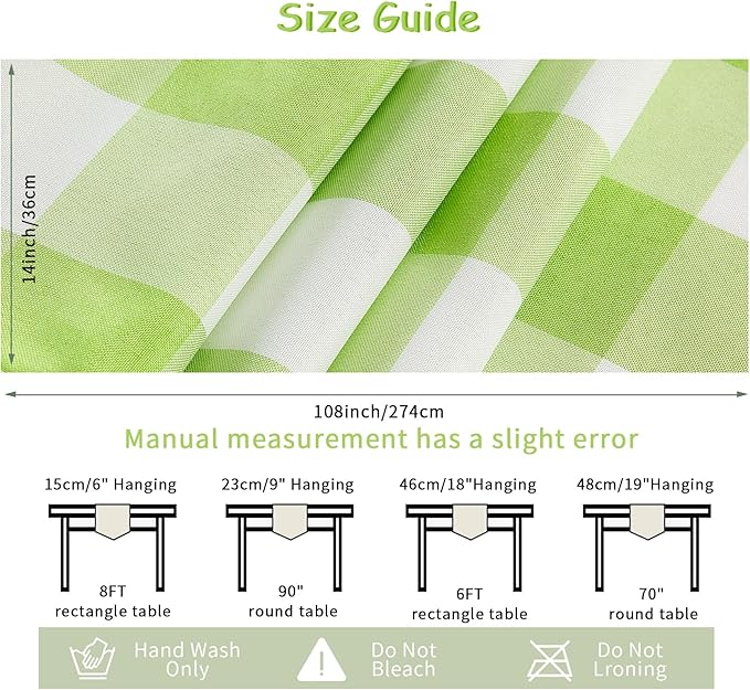Fabric Checkered Table Runner 1 Pack Waterproof Gingham Table Runner 14W x 108L Buffalo Check Table Runners for Parties Kitchen Dining Wedding Banquet (Emerald and White)