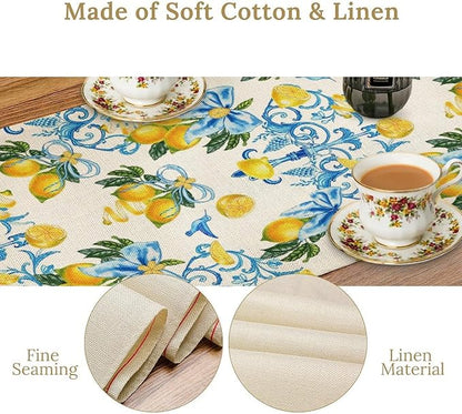 Lemon Table Runner, Summer Hummingbirds Flower Bows Print Table Runner for Farmhouse Coffee Home Kitchen Dining Outdoor Party 13x70in