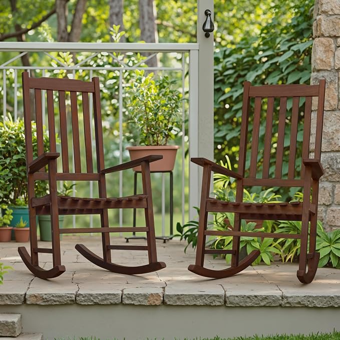 Flamaker Acacia Wood Outdoor Rocking Chairs Set of 2 | High Back and Widen - Image 2