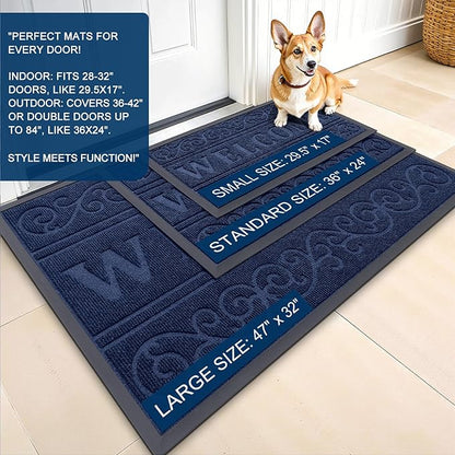 OLANLY Welcome Door Mat Indoor Outdoor Entrance, Heavy Duty Sturdy Front Door Mat, Waterproof All-Weather Doormat, Stain Resistant, Low Profile, Easy Clean Patio Entryway Mat, 29.5 x 17, Navy Blue