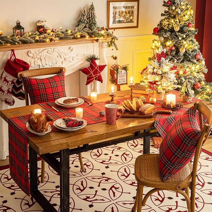 Red Green Plaid Christmas Table Runner, Winter Holiday Table Runners 36 inches Long, Xmas Decorations Indoor Outdoor Farmhouse Home Kitchen Dining Party Decor