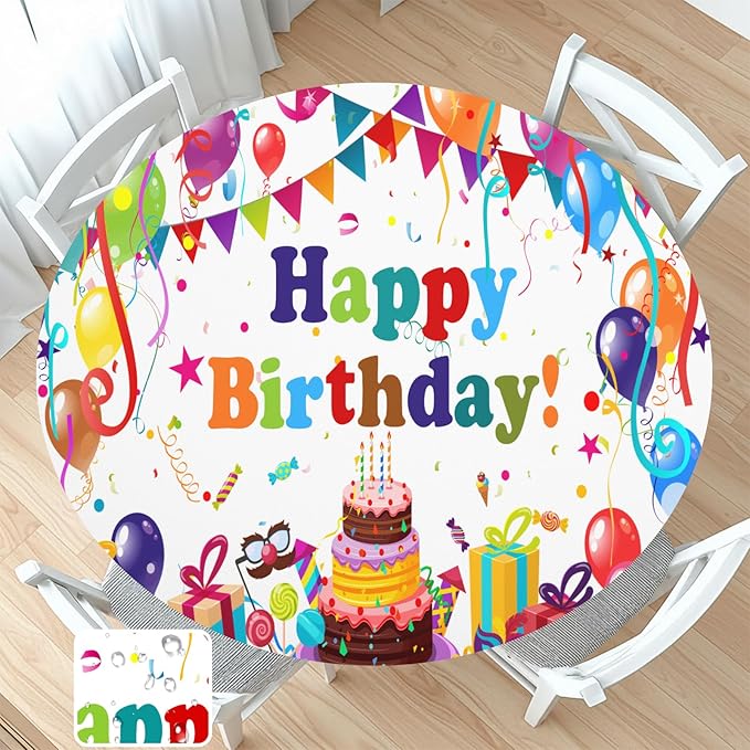 Birthday Round Fitted Tablecloth with Elastic Colorful Happy Birthday Party Circle Table Cover for 36-40" Round Tables Wipeable Waterproof Cake Balloons Gifts Table Cloth for Picnic Dining Patio Decor