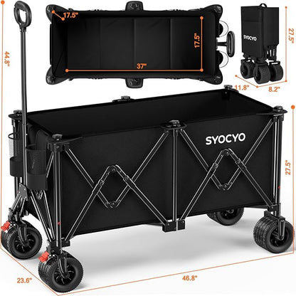 Collapsible Wagon Carts 570LBS Weight Capacity Foldable Beach Wagon with Big All-Terrain Wheels 330L Heavy Duty Utility Carts with Cup Holders for Camping, Garden, Sports, Grocery Black