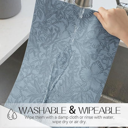 Romanstile Vinyl Placemats Set of 8-12 X 18 Inch - Heat Resistant Non-Slip Embossed Floral Place Mats 100% Waterproof Oilproof Wipeable Faux Leather Table Mats for Kitchen/Dining/Party, SkyBlue