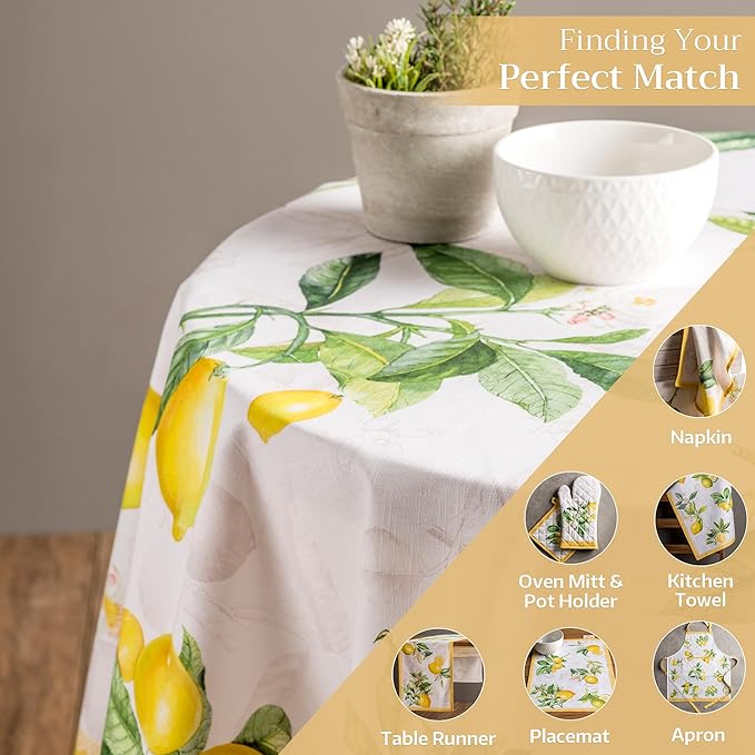 Maison d' Hermine Table Cloth Round Table 100% Cotton 63 Inches Tablecloth Reusable Decorative Everyday Use for Dining Room, Farmhouse, Home, Party, Festive & Wedding Spring Summer - Limoncello