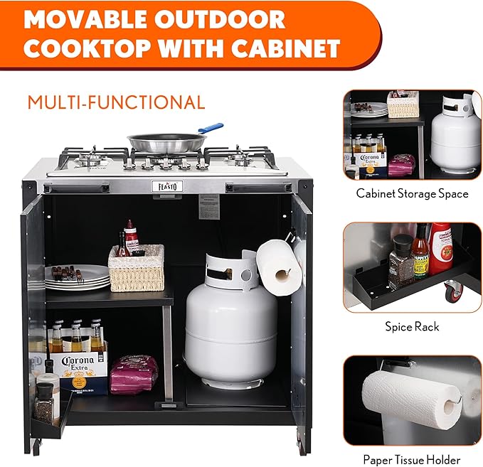 Gas Grill, Movable Outdoor Gas Stove Stainless Steel Top with Cabinet, 5 Burners with 36,200 BTUs, Outdoor Propane Grill for Outdoor Cooking, Ideal for Lawn & Garden, L35.4 x W24