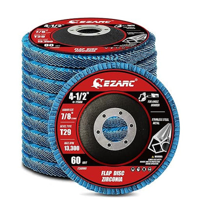 EZARC Flap Disc 4 1/2 Inch for Anger Grinder, 10 PCS 60 Grit Zirconia Grinder Sanding Disc, Type 29 Abrasive Grinding Wheel for Stainless Steel, Sheet Metal (7/8 inch Arbor Size)