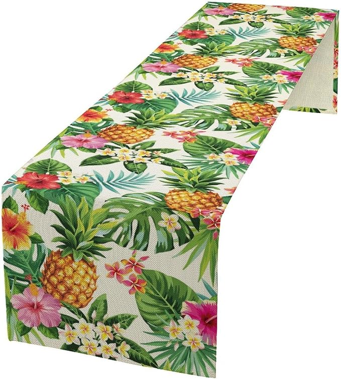 Summer Pineapple Table Runner, Tropical Palm Leaves Flowers Fruit Table Runner for Kitchen Dining Party Holiday Home 13x108in