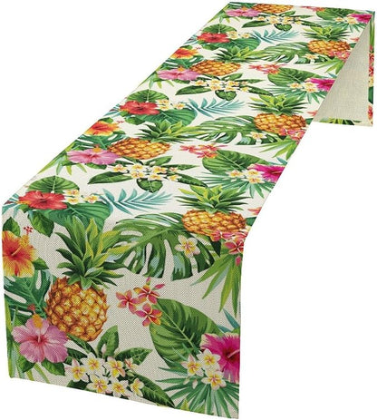 Summer Pineapple Table Runner, Tropical Palm Leaves Flowers Fruit Table Runner for Kitchen Dining Party Holiday Home 13x108in