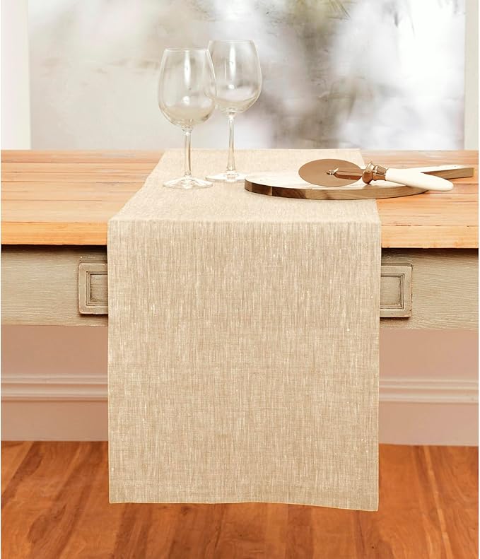Solino Home Linen Table Runner 72 Inches Long - Athena, 100% Pure Linen Champagne Beige 14 x 72 Inch Table Runner for Dining, Spring, Easter