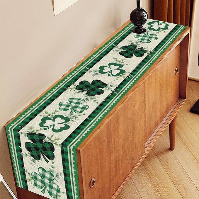 St.Patrick's Day Table Runner,Green Plaid Clover Eucalyptus Leaves Retro Linen Table Center Decor for Home Kitchen Dining Patio Holiday Party Indoor Decorations, 13"x108"