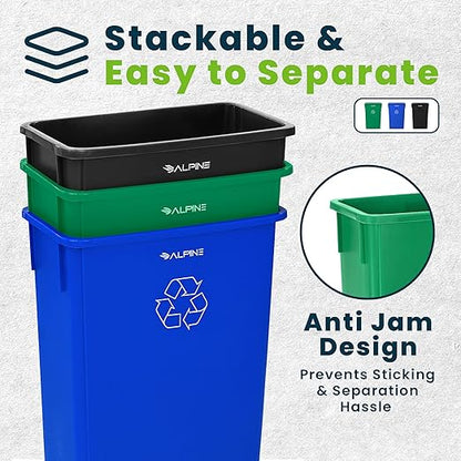 Alpine 23 Gallon Slim Recycling & Trash Bin Set – 3-Pack Blue/Black/Green Plastic Narrow Open-Top Garbage Cans for Office, Home, School & Commercial Use
