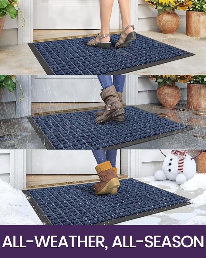 DEXI Front Door Mat Outside Entrance, 2x3 ft Rubber Entry Doormat Heavy Duty, Welcome Mats Non Slip for Inside House Floor Entryway Double Doors Exterior Patio, Checkered Blue