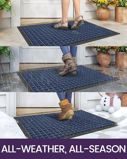 DEXI Front Door Mat Outside Entrance, 2x3 ft Rubber Entry Doormat Heavy Duty, Welcome Mats Non Slip for Inside House Floor Entryway Double Doors Exterior Patio, Checkered Blue