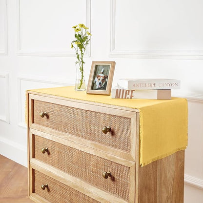 Solino Home Fringe Linen Table Runner 48 Inches - 100% Pure Linen Marigold Yellow Table Runner 14 x 48 Inch Ideal for Dresser and Coffee Tables, Spring, Easter