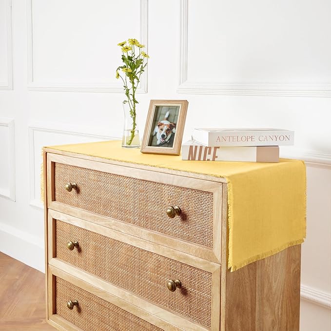 Solino Home Fringe Linen Table Runner 60 Inches - 100% Pure Linen Marigold Yellow Table Runner 14 x 60 Inch Ideal for Dresser and Coffee Tables, Spring, Easter