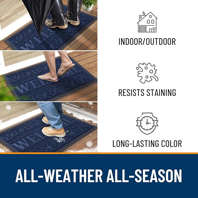 OLANLY Welcome Door Mat Indoor Outdoor Entrance, Heavy Duty Sturdy Front Door Mat, Waterproof All-Weather Doormat, Stain Resistant, Low Profile, Easy Clean Patio Entryway Mat, 59 x 35, Navy Blue