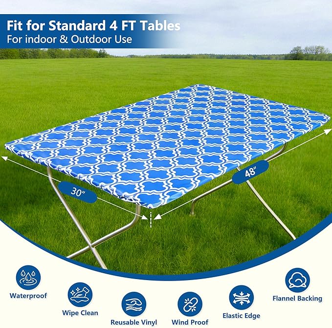 Rectangle Picnic Table Cloth, Elastic Waterproof Fitted Vinyl Tablecloths for 4 Foot Tables, Wipeable Flannel Backed Table Covers for Dining, Camping, Outdoor(Blue,30"x48")