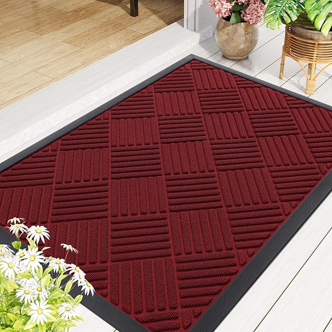 Smiry Front Door Mat Outside Entrance, Heavy Duty Outdoor Indoor Mat, Natural Rubber Doormat, Non Slip, Trap Dirt and Moisture, Easy Clean, Low Profile Patio Porch Entryway Mat, 47x23, Wine Red