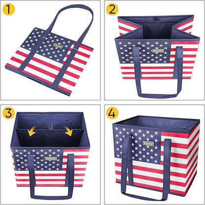 BALEINE 3Pk Reusable Grocery Bags, Foldable Shopping Bags for Groceries with Reinforced Bottom & Handles (Patriot Celebration)