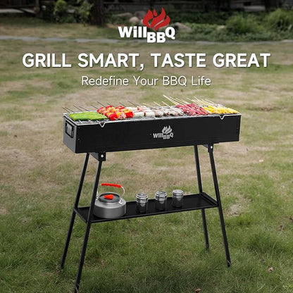 WILLBBQ Charcoal Grills Commercial Quality Portable Hibachi BBQ Folded Camping Barbecue Grill for Backyard Party Outdoor Cooking Use，Perfect Christmas Gifts for Dad (31.6x7.1x5.1 inch), BLACK