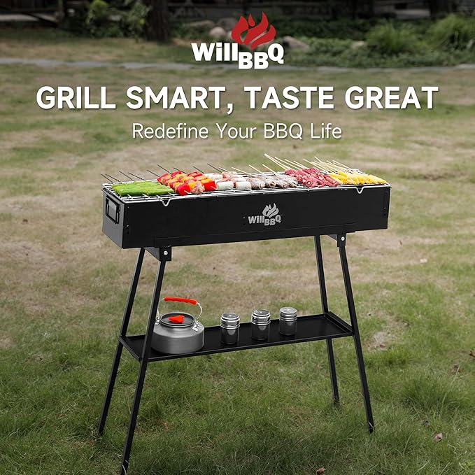 WILLBBQ Charcoal Grills Commercial Quality Portable Hibachi BBQ Barbecue Grill for Backyard Outdoor Cooking Use，Perfect Christmas Gifts for Dad (31.6x7.1x5.1 inch With Accessories), BLACK