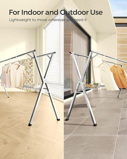 SONGMICS Clothes Drying Rack, Heavy-Duty Laundry Drying Rack, 45.7-63.4 Inches Extendable, Foldable Freestanding Airer, Stainless Steel, for Indoor Outdoor Use, Dove Gray ULLR901E01