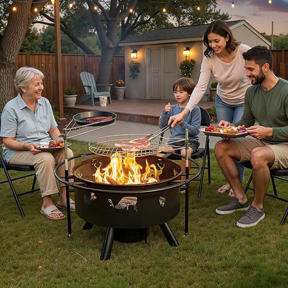 NATURAL EXPRESSIONS 32 Inch Outdoor Fire Pit, Wood Burning Fire Pits with 2 Grills, Poker, Brushes, Ash Pan, Mesh Cover, Waterproof Cover, Charcoal Fire Pit for BBQ, Patio, Bonfire, Heat&Cook
