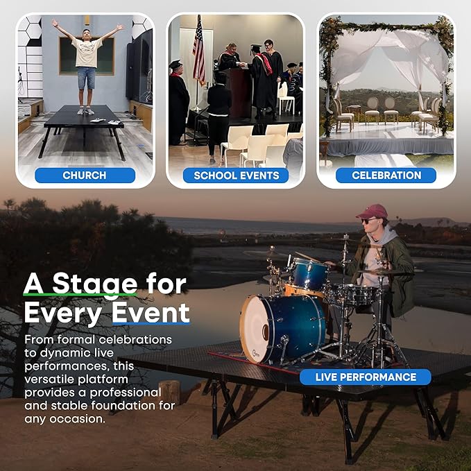 8'x28' MYSTAGE 14 Stage Platform - Portable, Folding Lightweight Aluminum Performance Deck with Adjustable Height 17"-28" - US Patented Design